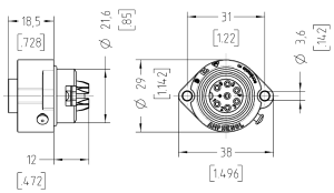 Gerätedose; Flansch, gedrehte Kontakte; 6+PE; Löten; Silber; IP67